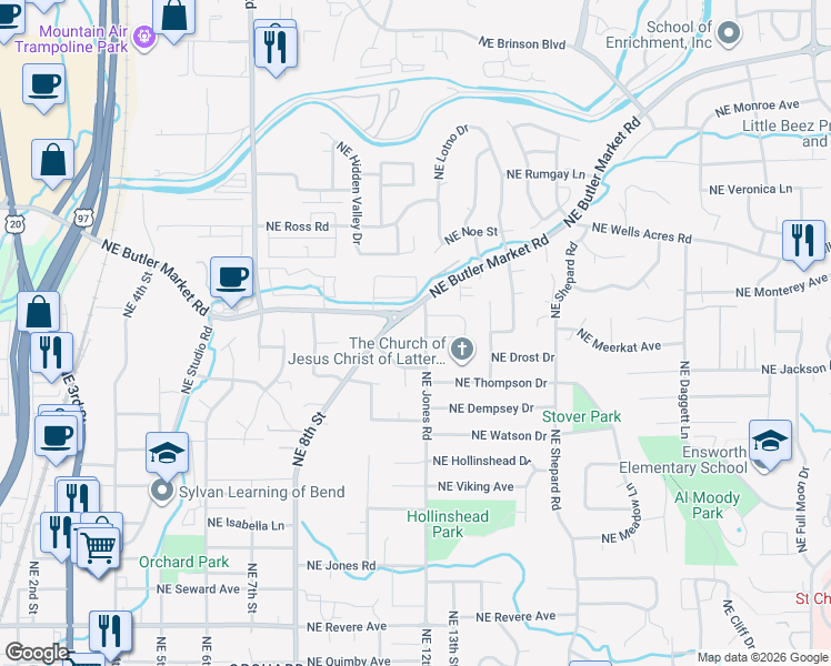 map of restaurants, bars, coffee shops, grocery stores, and more near 2672 Northeast Jones Road in Bend