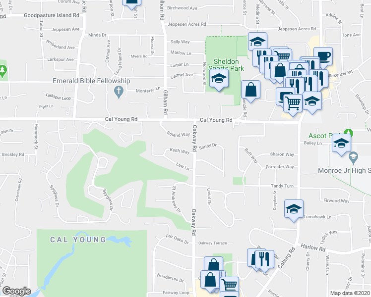 map of restaurants, bars, coffee shops, grocery stores, and more near 2183 Keith Way in Eugene