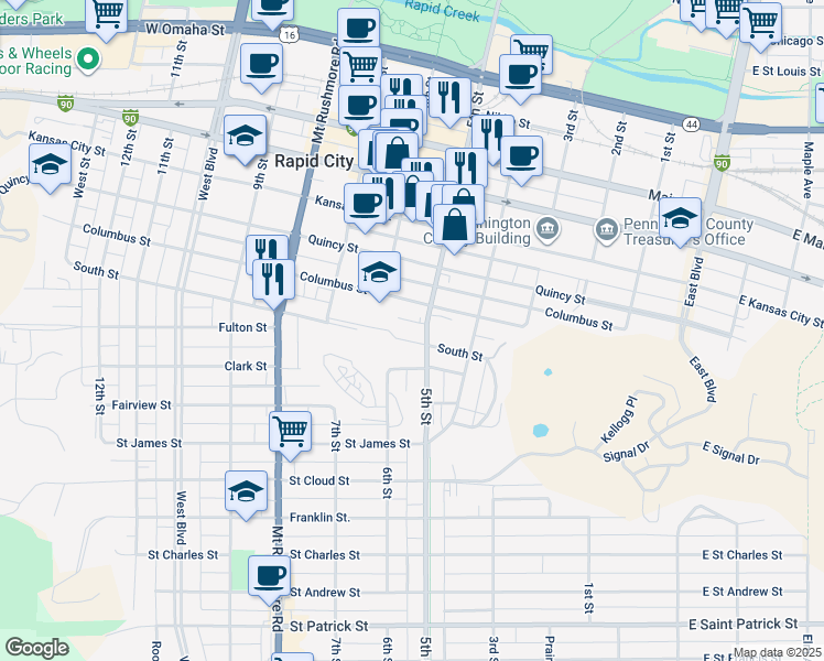 map of restaurants, bars, coffee shops, grocery stores, and more near 917 5th St in Rapid City