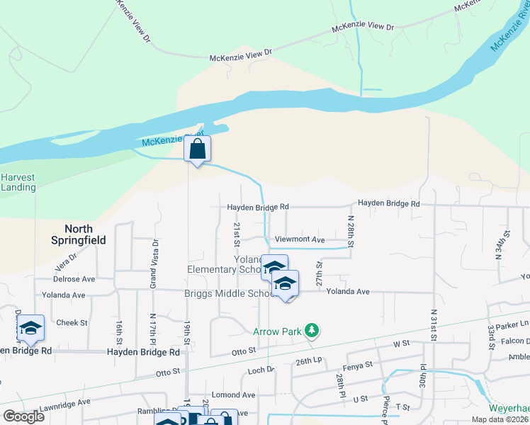 map of restaurants, bars, coffee shops, grocery stores, and more near 2225 Hayden Bridge Road in Springfield