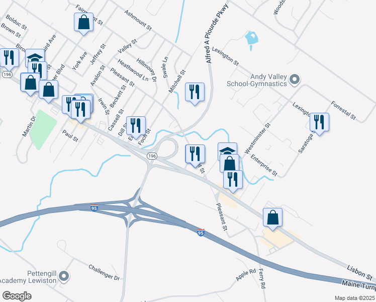 map of restaurants, bars, coffee shops, grocery stores, and more near 533 Pleasant Street in Lewiston