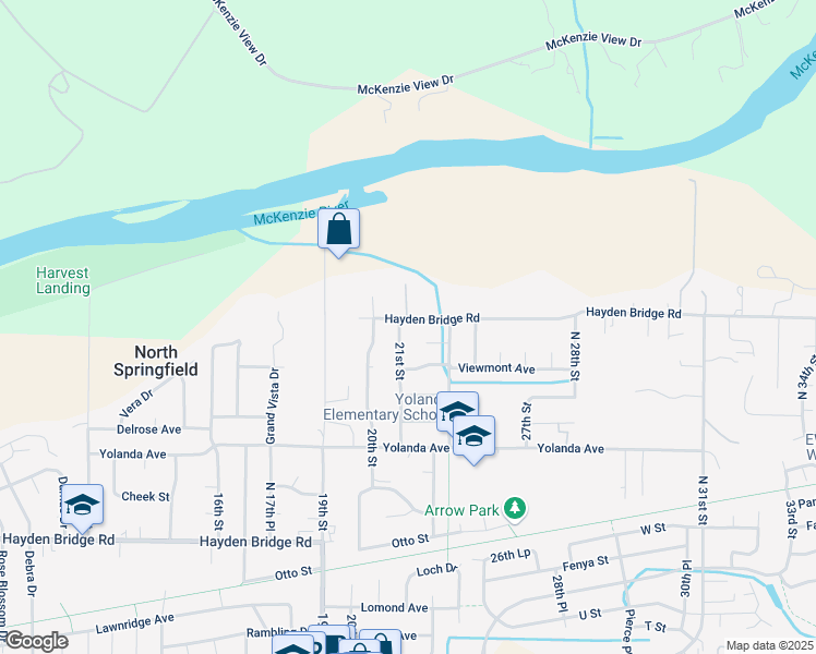 map of restaurants, bars, coffee shops, grocery stores, and more near 2121 Hayden Bridge Road in Springfield