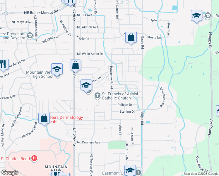 map of restaurants, bars, coffee shops, grocery stores, and more near 62665 Hawkview Road in Bend