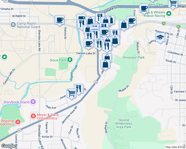 map of restaurants, bars, coffee shops, grocery stores, and more near 1025 Mountain View Road in Rapid City