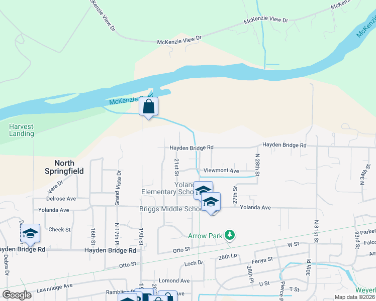 map of restaurants, bars, coffee shops, grocery stores, and more near 2225 Hayden Bridge Road in Springfield