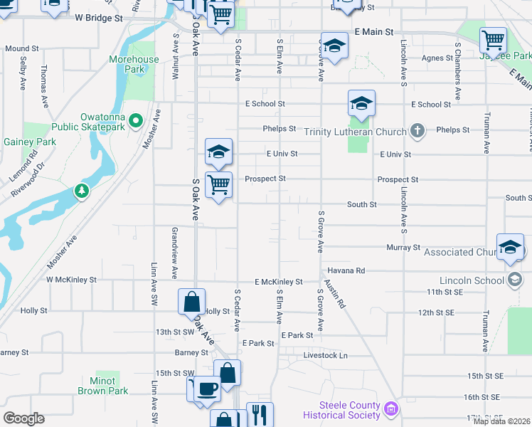 map of restaurants, bars, coffee shops, grocery stores, and more near 121 South Street in Owatonna