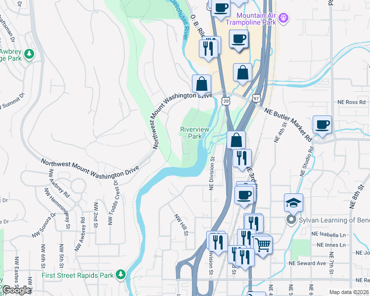 map of restaurants, bars, coffee shops, grocery stores, and more near 2595 Northwest Rippling River Court in Bend