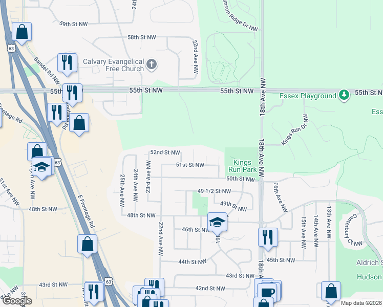 map of restaurants, bars, coffee shops, grocery stores, and more near 5121 20 1/2 Avenue Lane Northwest in Rochester