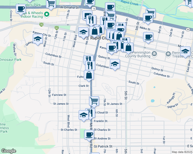 map of restaurants, bars, coffee shops, grocery stores, and more near 717 South Street in Rapid City