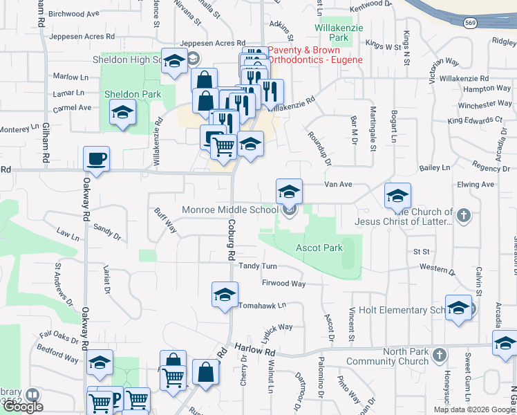 map of restaurants, bars, coffee shops, grocery stores, and more near 2754 Bailey Lane in Eugene