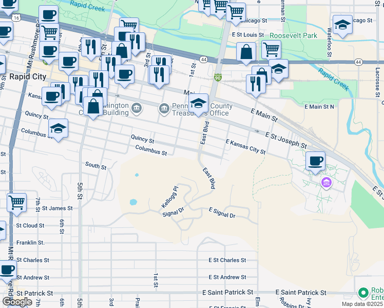map of restaurants, bars, coffee shops, grocery stores, and more near 21 Quincy St in Rapid City
