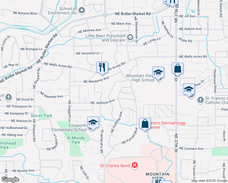 map of restaurants, bars, coffee shops, grocery stores, and more near 2545 Northeast Robinson Street in Bend