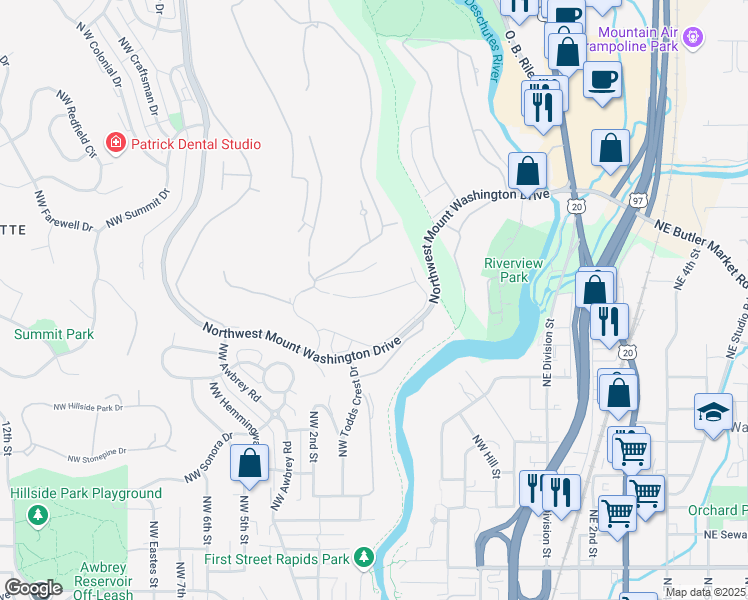 map of restaurants, bars, coffee shops, grocery stores, and more near 2580 Northwest Pine Terrace Drive in Bend