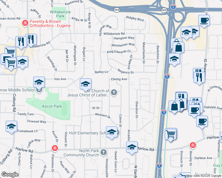 map of restaurants, bars, coffee shops, grocery stores, and more near 3505 Dulles Avenue in Eugene