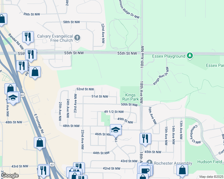map of restaurants, bars, coffee shops, grocery stores, and more near 5126 20th Avenue Lane Northwest in Rochester
