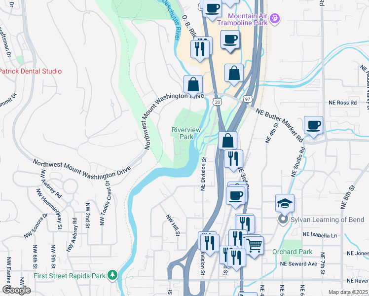 map of restaurants, bars, coffee shops, grocery stores, and more near 2610 Northwest Rippling River Court in Bend