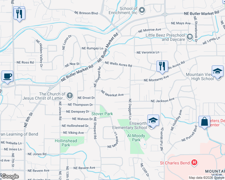 map of restaurants, bars, coffee shops, grocery stores, and more near 1703 Northeast Taurus Court in Bend