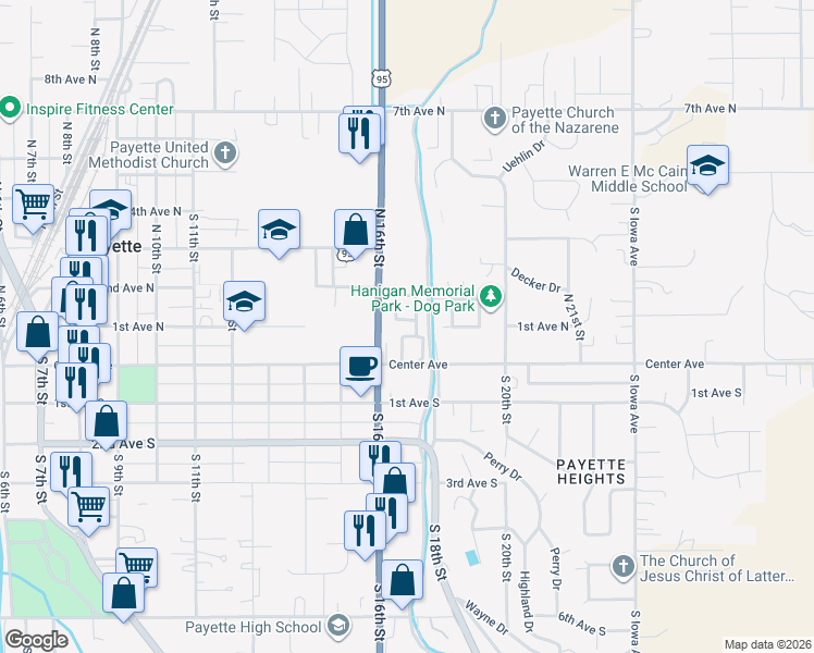 map of restaurants, bars, coffee shops, grocery stores, and more near 117 Country Lane Loop in Payette