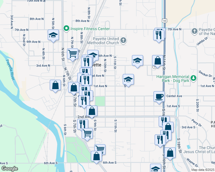 map of restaurants, bars, coffee shops, grocery stores, and more near 1023 1st Ave N in Payette