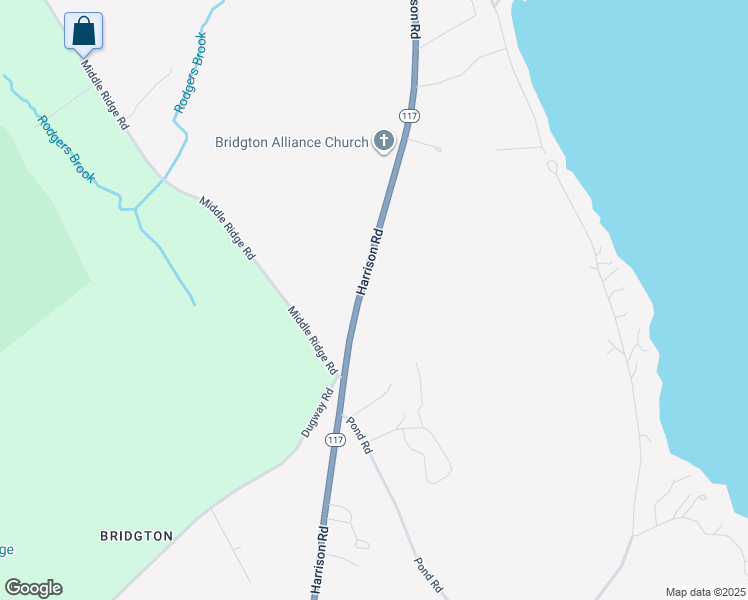 map of restaurants, bars, coffee shops, grocery stores, and more near 297 Harrison Road in Bridgton