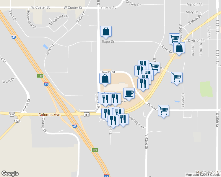 map of restaurants, bars, coffee shops, grocery stores, and more near 4411 Dewey Street in Manitowoc
