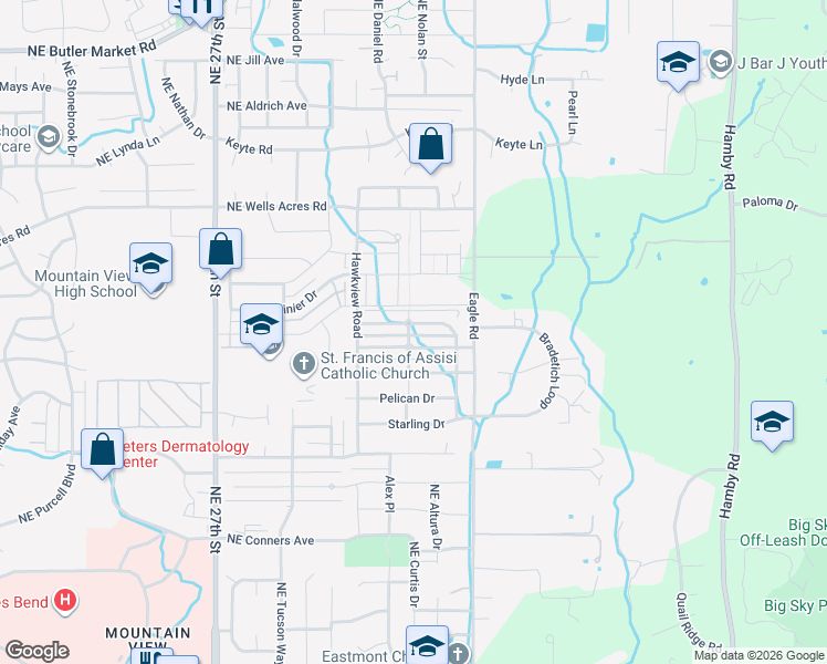 map of restaurants, bars, coffee shops, grocery stores, and more near 62697 Larkview Road in Bend