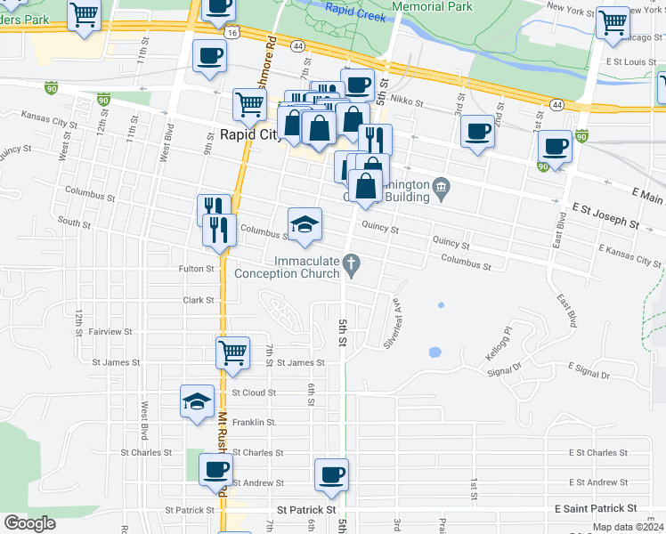 map of restaurants, bars, coffee shops, grocery stores, and more near 917 5th Street in Rapid City