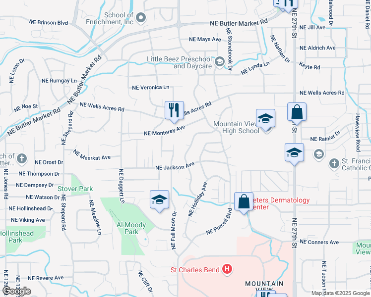 map of restaurants, bars, coffee shops, grocery stores, and more near 2567 Northeast Ocker Drive in Bend