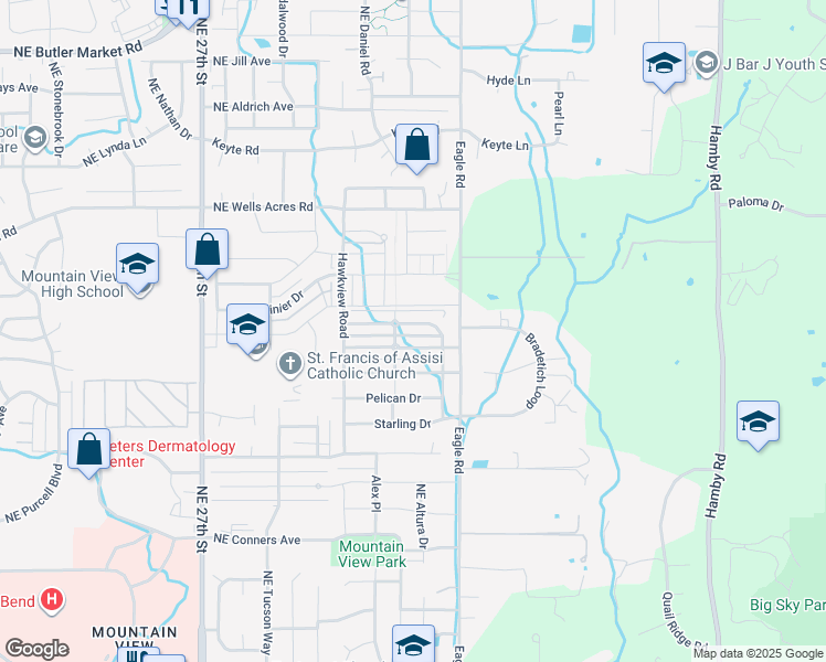 map of restaurants, bars, coffee shops, grocery stores, and more near 62697 Larkview Road in Bend