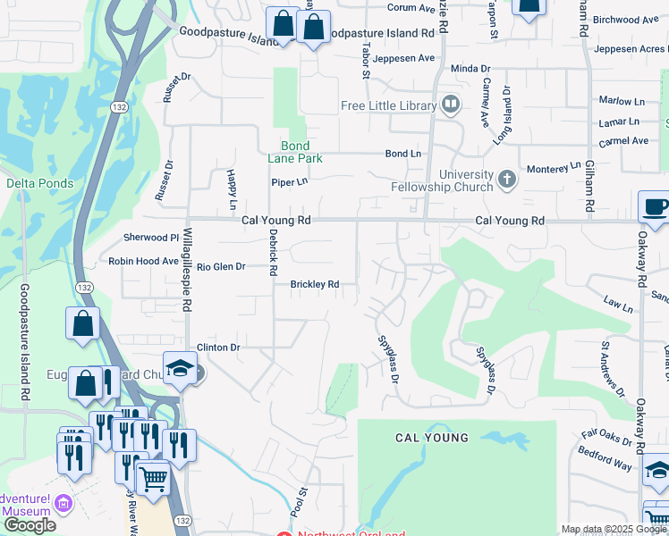 map of restaurants, bars, coffee shops, grocery stores, and more near 1286 Alfaretta Drive in Eugene