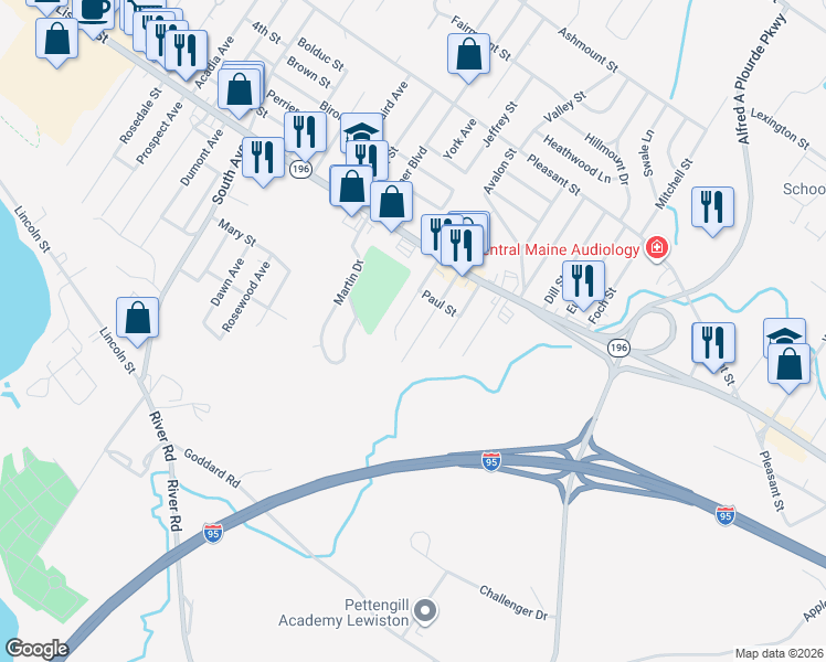 map of restaurants, bars, coffee shops, grocery stores, and more near 61 Jones Avenue in Lewiston