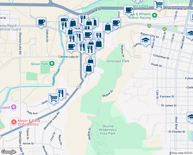 map of restaurants, bars, coffee shops, grocery stores, and more near 1805 West Fulton Street in Rapid City