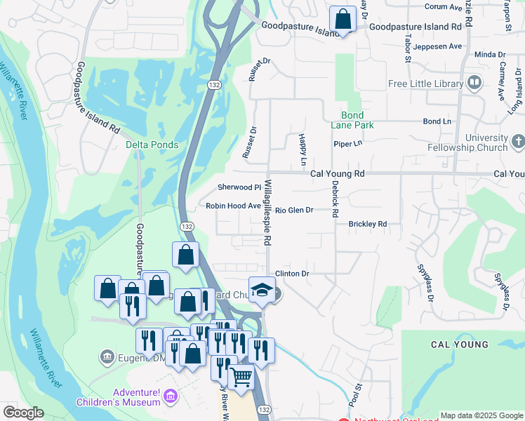 map of restaurants, bars, coffee shops, grocery stores, and more near 998 Robin Hood Ave in Eugene