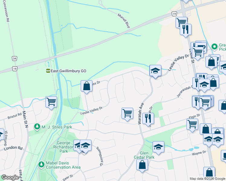 map of restaurants, bars, coffee shops, grocery stores, and more near 305 Herridge Circle in Newmarket
