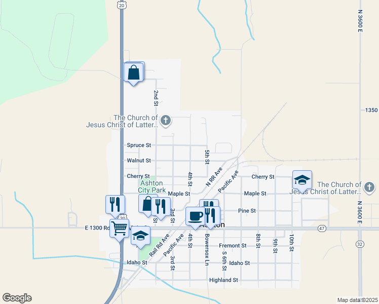 map of restaurants, bars, coffee shops, grocery stores, and more near 4th Street in Ashton