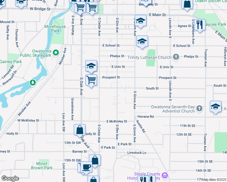 map of restaurants, bars, coffee shops, grocery stores, and more near 201 South Street in Owatonna