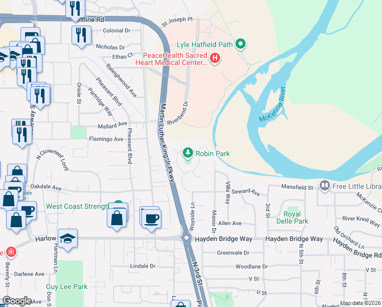 map of restaurants, bars, coffee shops, grocery stores, and more near 3024 Wayside Loop in Springfield
