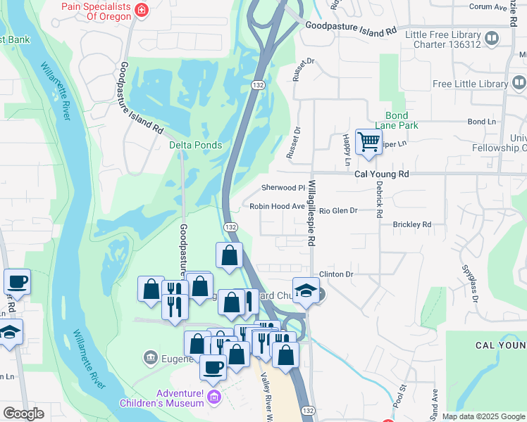 map of restaurants, bars, coffee shops, grocery stores, and more near 1256 Woodfield Drive in Eugene