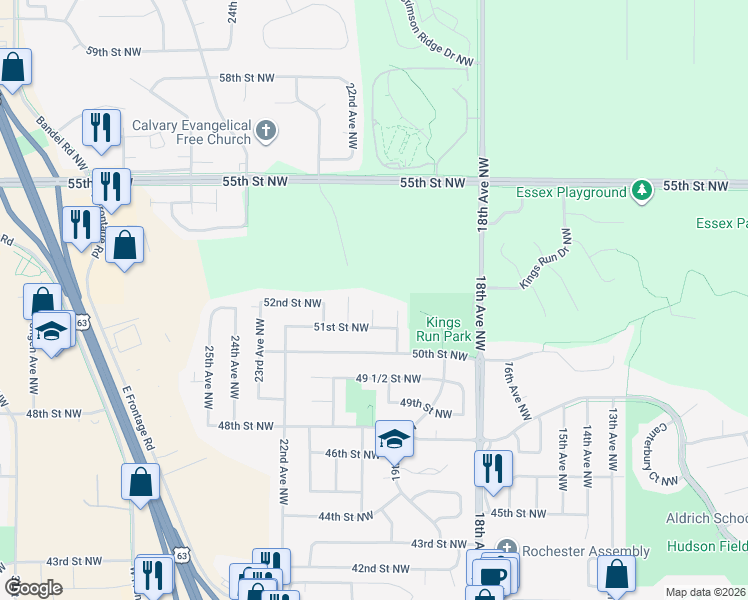 map of restaurants, bars, coffee shops, grocery stores, and more near 5126 20th Avenue Lane Northwest in Rochester