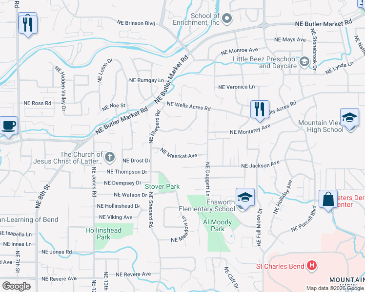 map of restaurants, bars, coffee shops, grocery stores, and more near 1703 Northeast Taurus Court in Bend