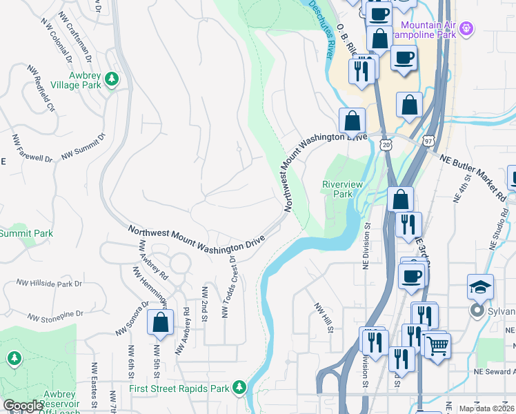 map of restaurants, bars, coffee shops, grocery stores, and more near 2533 Northwest Pine Terrace Drive in Bend
