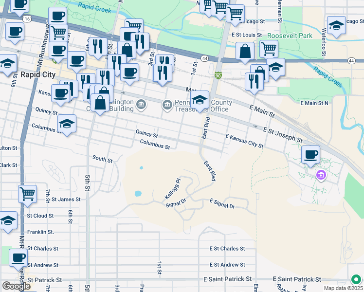 map of restaurants, bars, coffee shops, grocery stores, and more near 21 Quincy Street in Rapid City