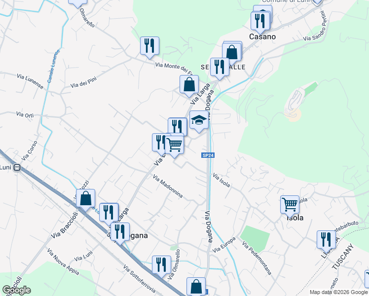 map of restaurants, bars, coffee shops, grocery stores, and more near 6 Via Firenze in Casano