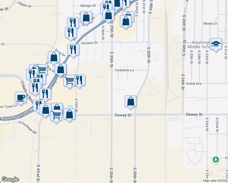 map of restaurants, bars, coffee shops, grocery stores, and more near 1933 South 35th Street in Manitowoc