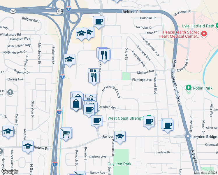 map of restaurants, bars, coffee shops, grocery stores, and more near 947 North Cloverleaf Loop in Springfield