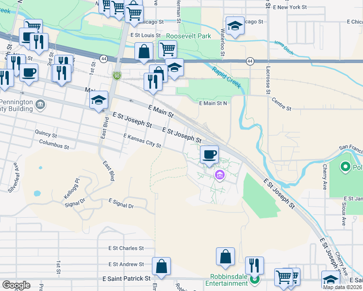 map of restaurants, bars, coffee shops, grocery stores, and more near 627-641 Birch Avenue in Rapid City