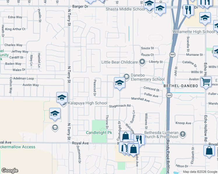 map of restaurants, bars, coffee shops, grocery stores, and more near 1170 Throne Drive in Eugene
