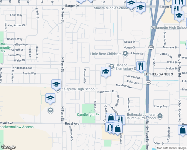 map of restaurants, bars, coffee shops, grocery stores, and more near 1170 Throne Drive in Eugene