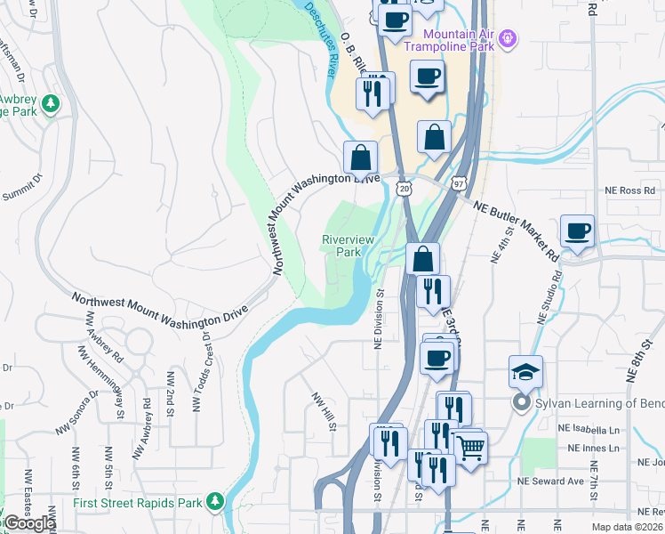 map of restaurants, bars, coffee shops, grocery stores, and more near 2595 Northwest Rippling River Court in Bend