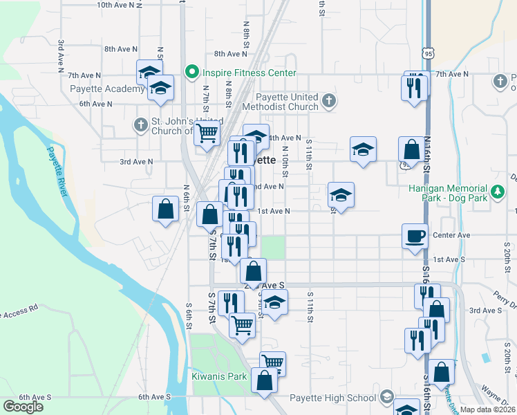 map of restaurants, bars, coffee shops, grocery stores, and more near 824 1st Avenue North in Payette